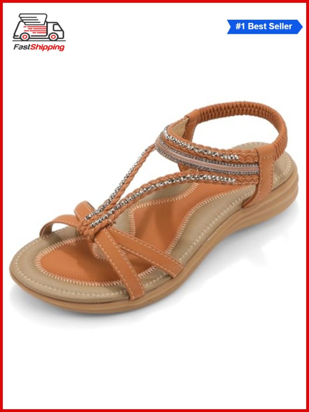 Womens Flat Sandals with Arch Support T-Strap Thong Rhinestone
